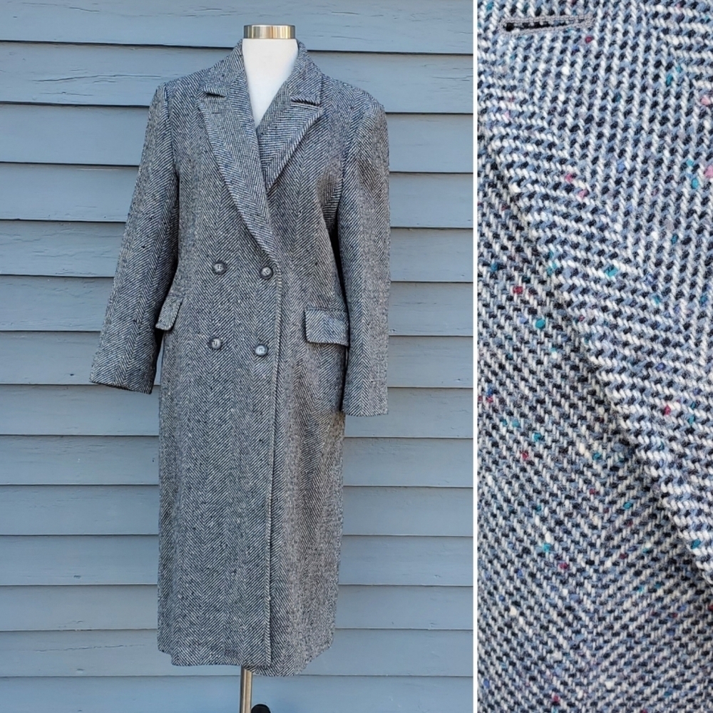 Vintage 80s Pendleton Blue Black Gray Barleycorn Tweed Wool Trench Coat 12‎ - Picture 2 of 8